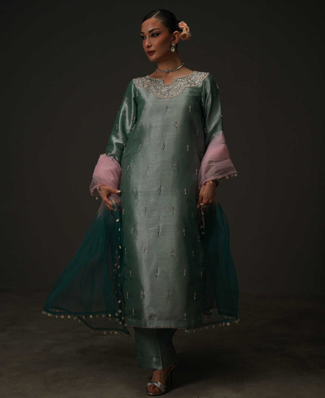 3-Piece Sea Blue Lama Tissue Embroidered