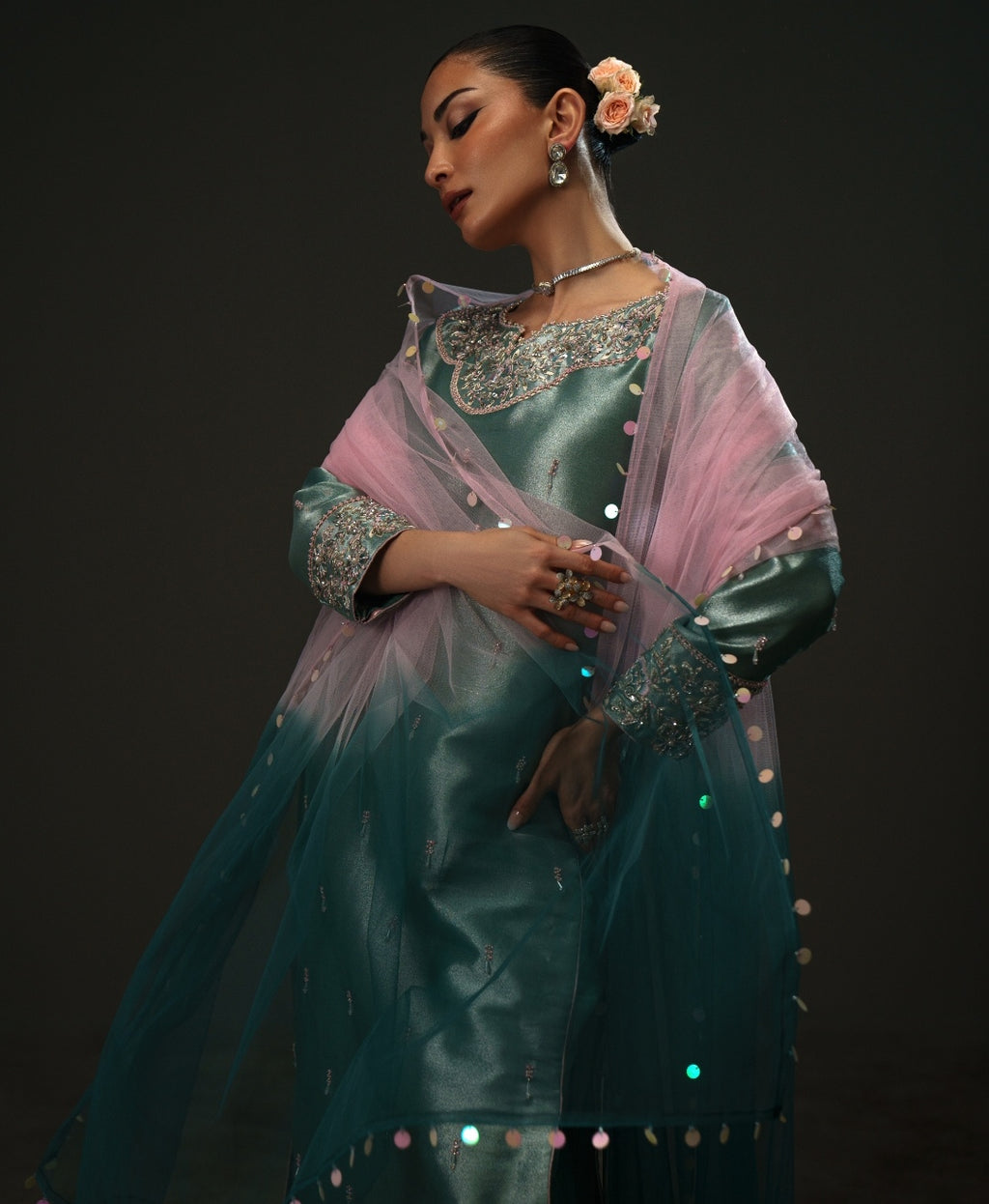 3-Piece Sea Blue Lama Tissue Embroidered