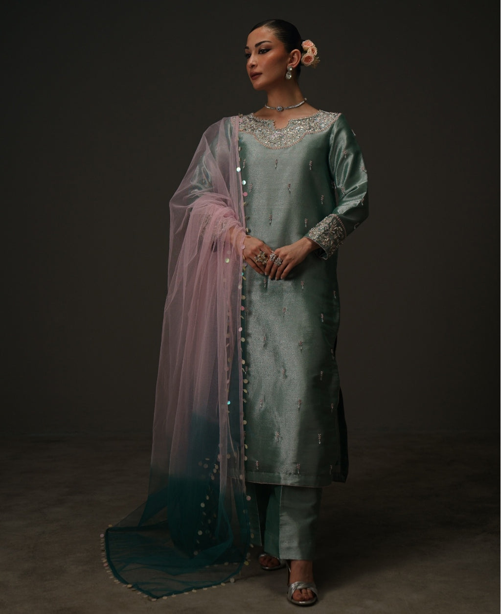 3-Piece Sea Blue Lama Tissue Embroidered