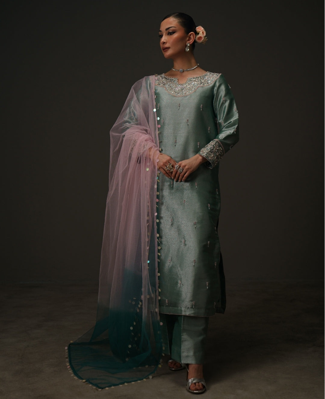 3-Piece Sea Blue Lama Tissue Embroidered