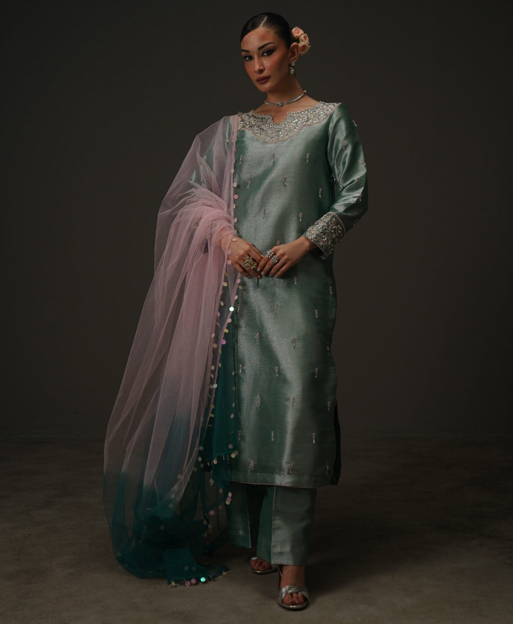 3-Piece Sea Blue Lama Tissue Embroidered