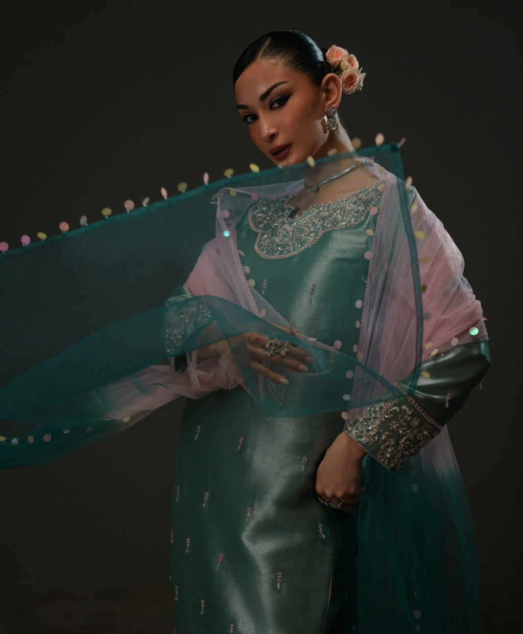 3-Piece Sea Blue Lama Tissue Embroidered