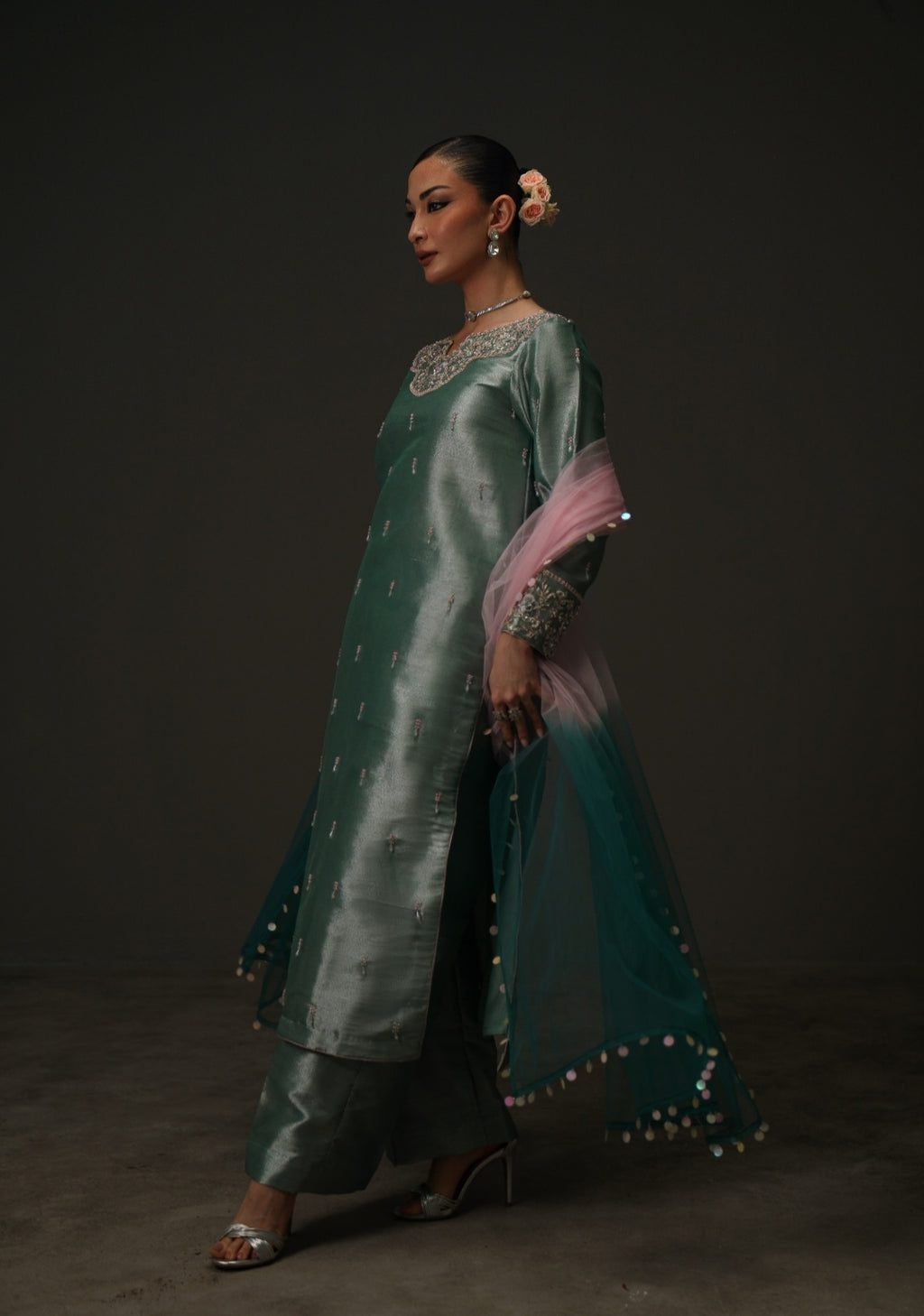 3-Piece Sea Blue Lama Tissue Embroidered