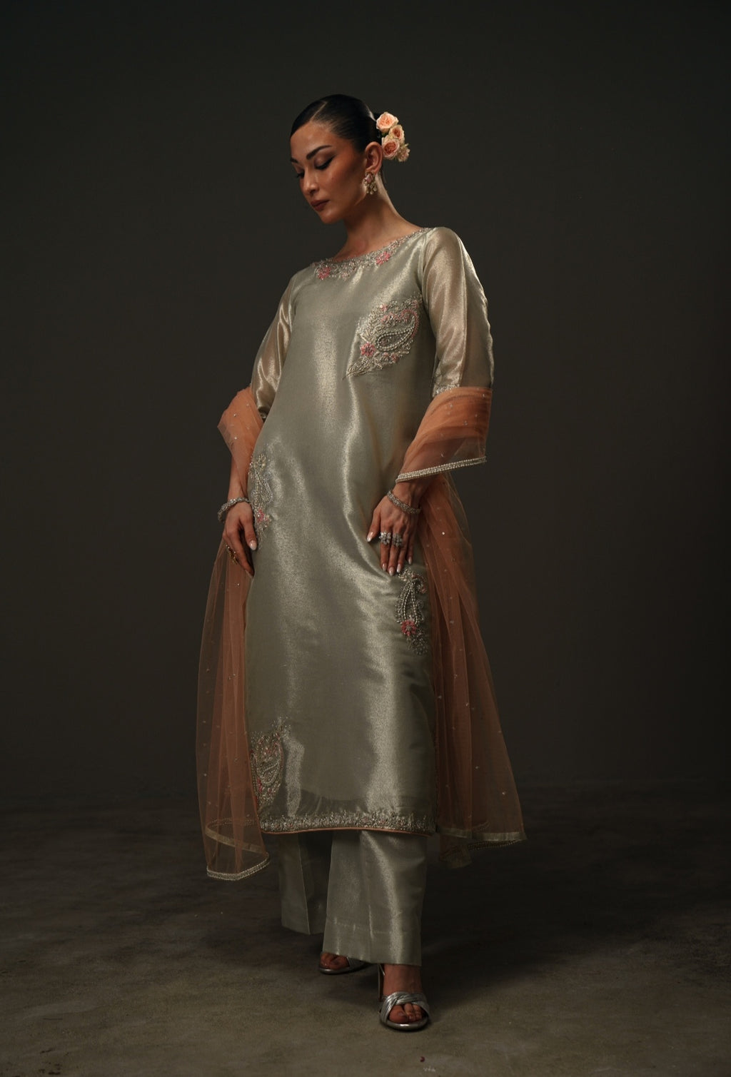 3-Piece Silver and Pink Lama Tissue Embroidered