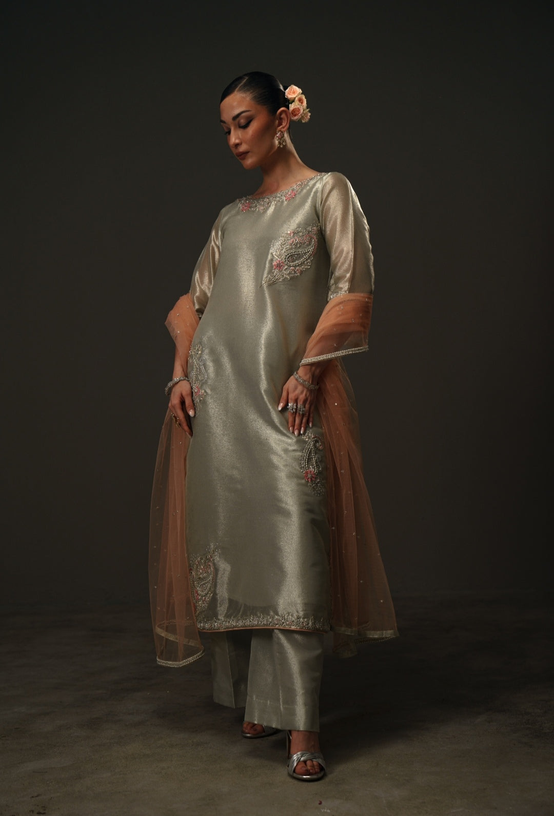 3-Piece Silver and Pink Lama Tissue Embroidered