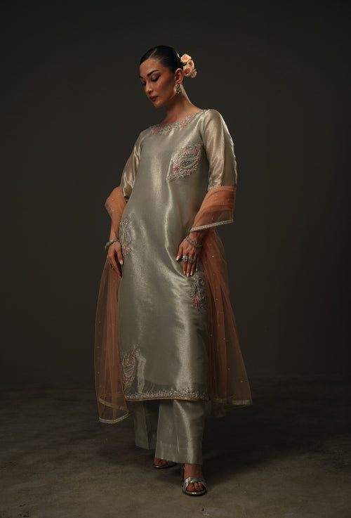 3-Piece Silver and Pink Lama Tissue Embroidered