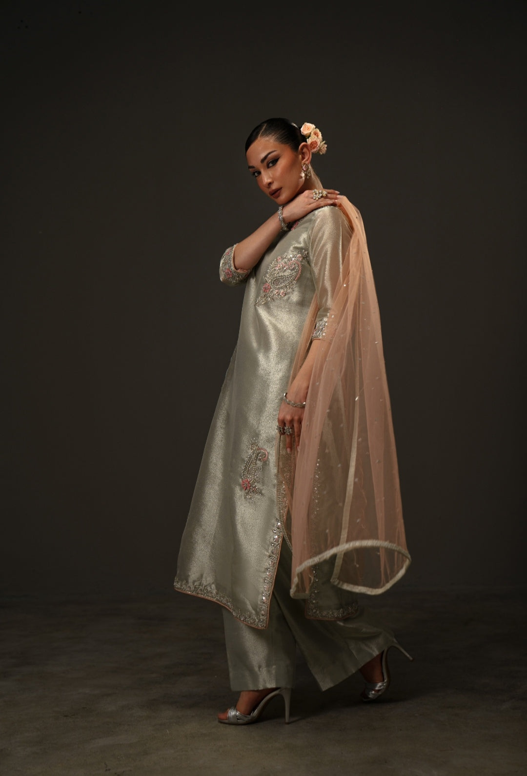 3-Piece Silver and Pink Lama Tissue Embroidered