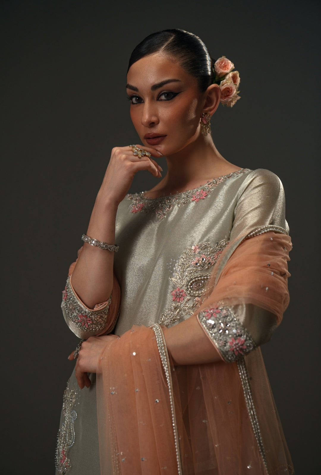 3-Piece Silver and Pink Lama Tissue Embroidered