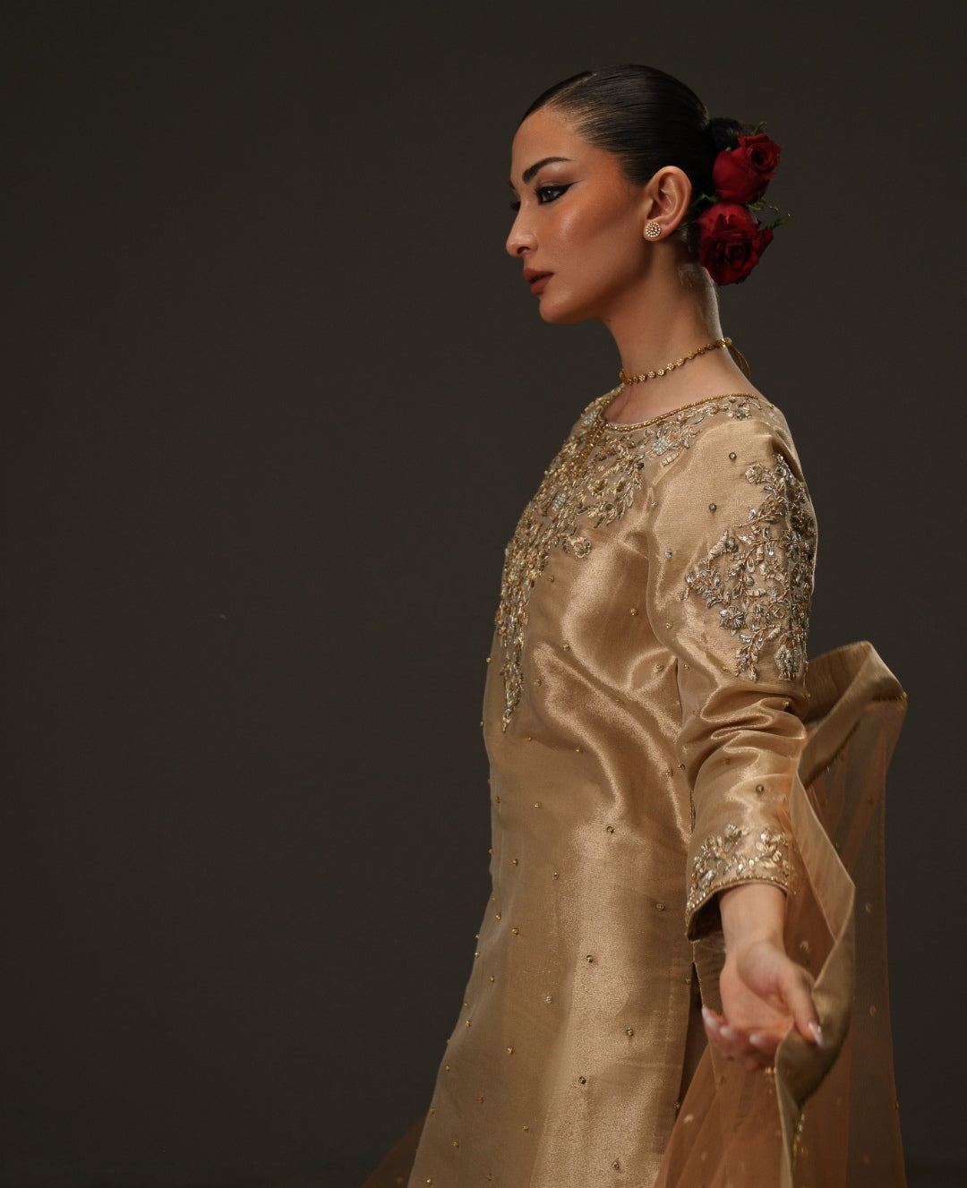 3-Piece Rose Gold Lama Tissue Embroidered