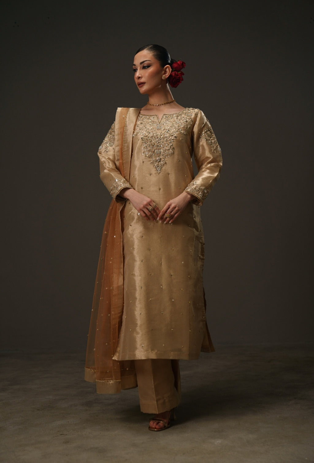 3-Piece Rose Gold Lama Tissue Embroidered