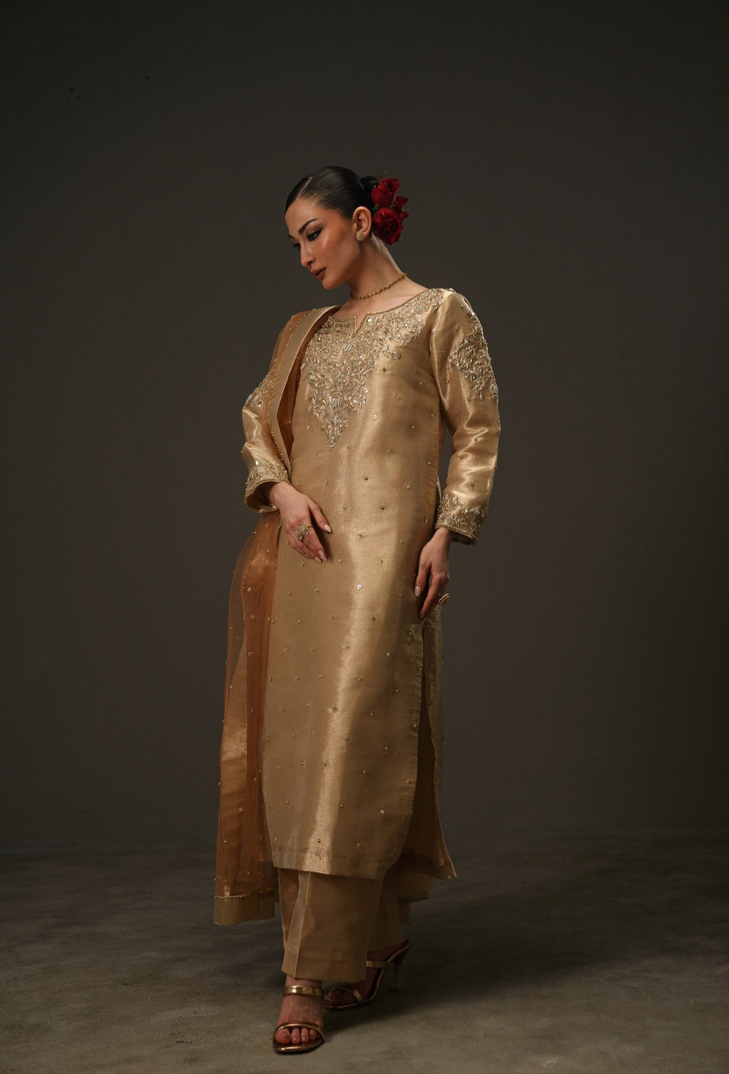 3-Piece Rose Gold Lama Tissue Embroidered