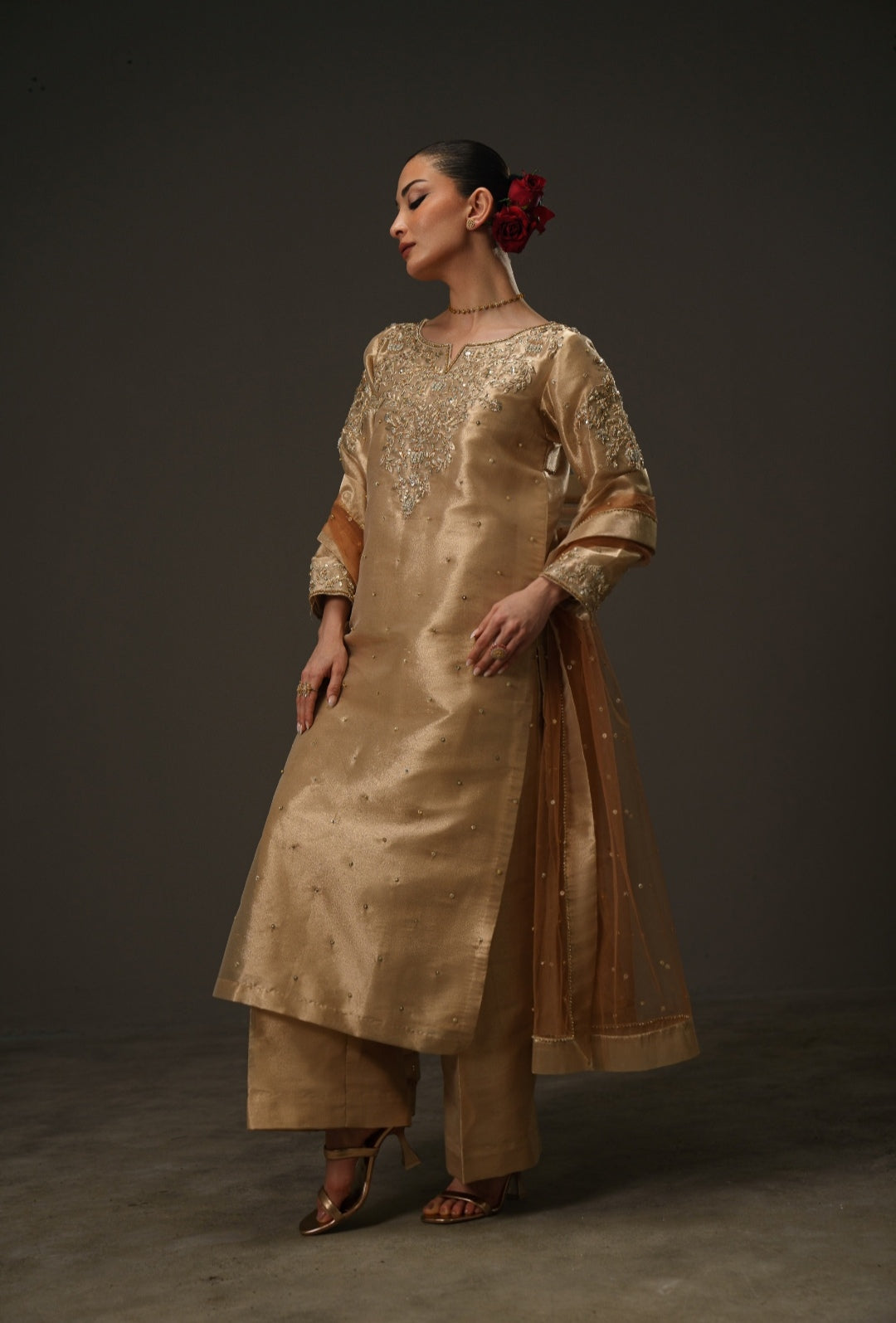 3-Piece Rose Gold Lama Tissue Embroidered