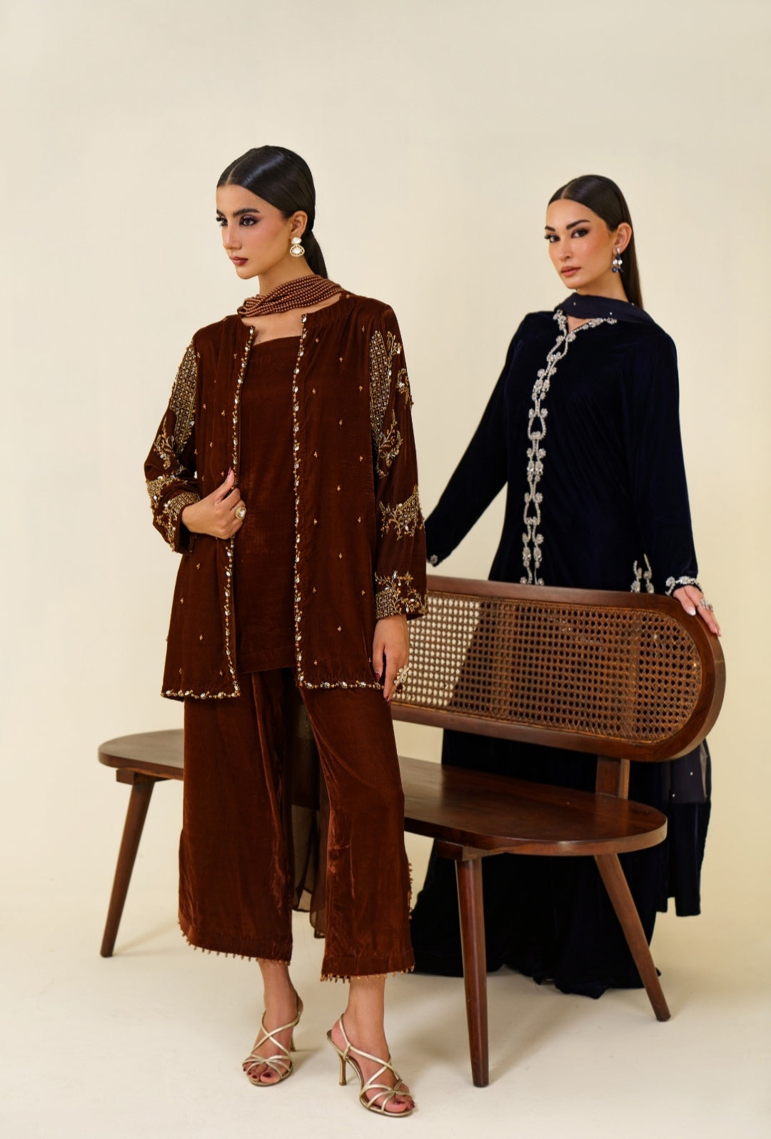 3-Piece Brown Velvet Embroidered