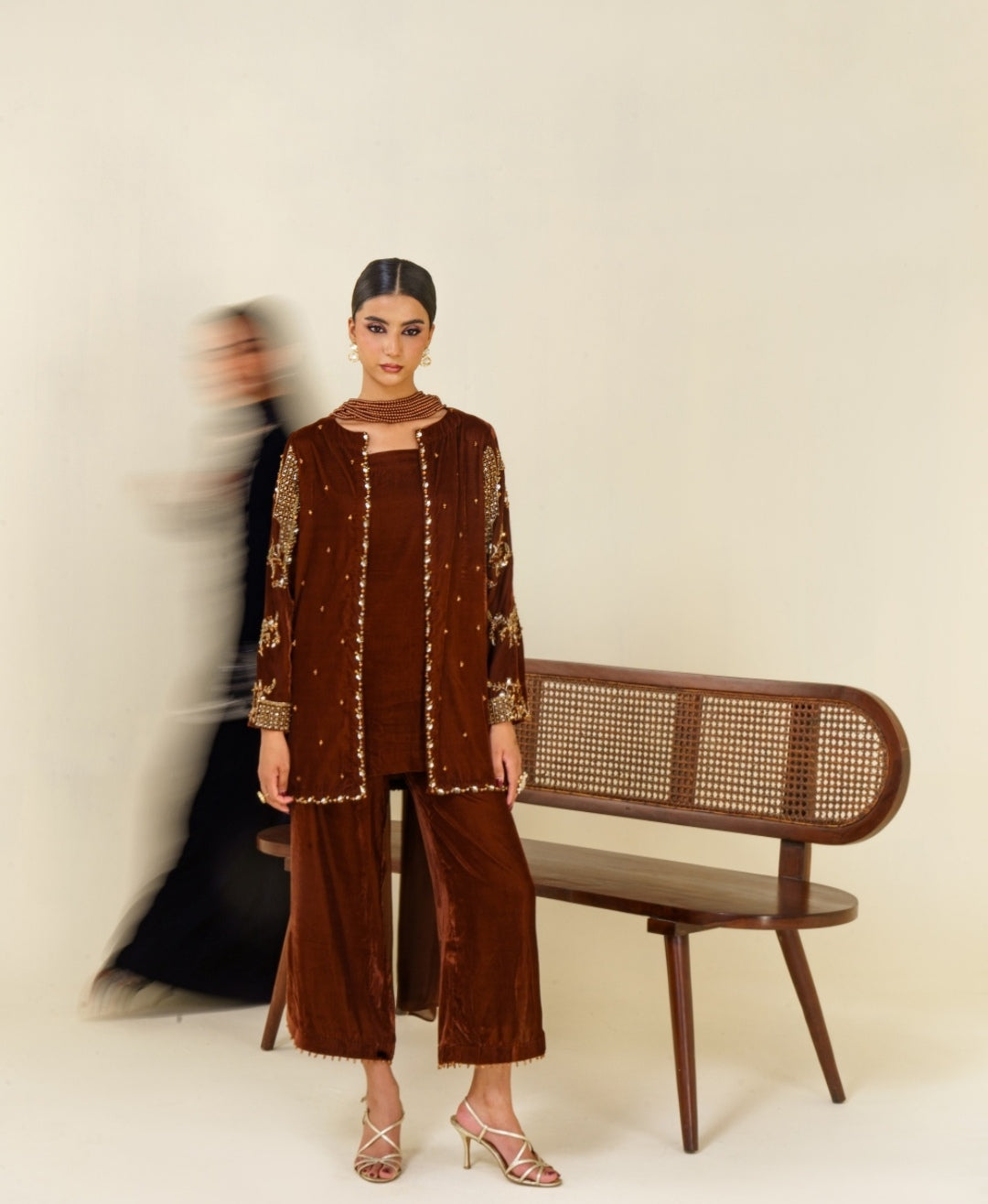 3-Piece Brown Velvet Embroidered