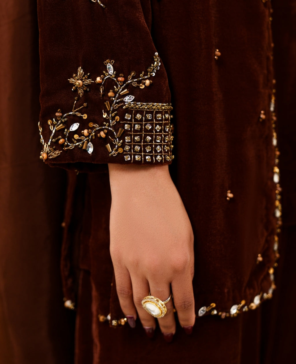 3-Piece Brown Velvet Embroidered