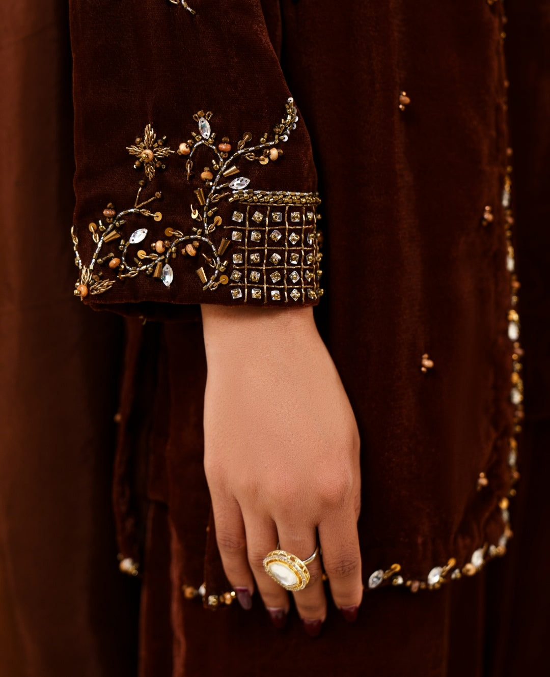 3-Piece Brown Velvet Embroidered
