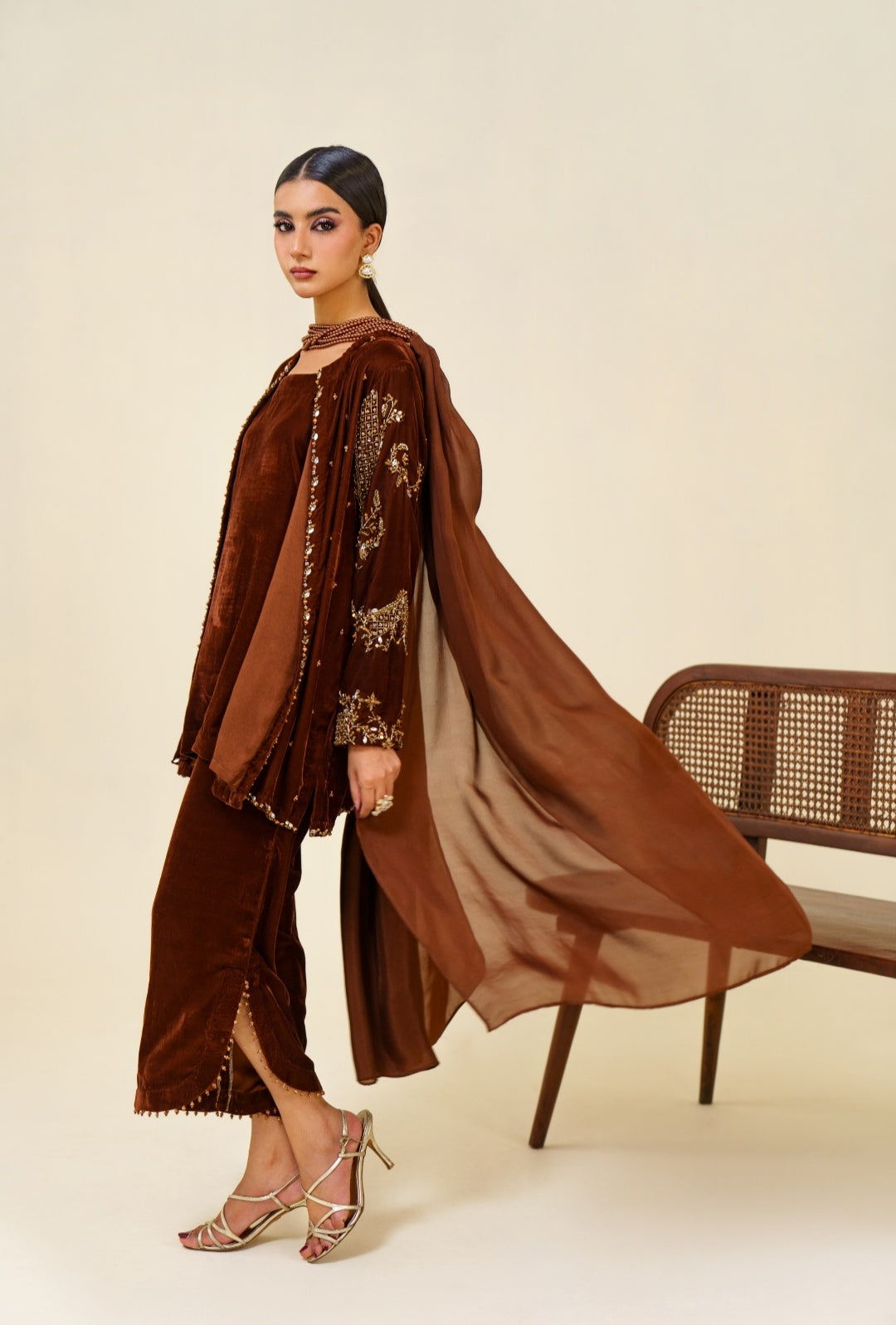 3-Piece Brown Velvet Embroidered