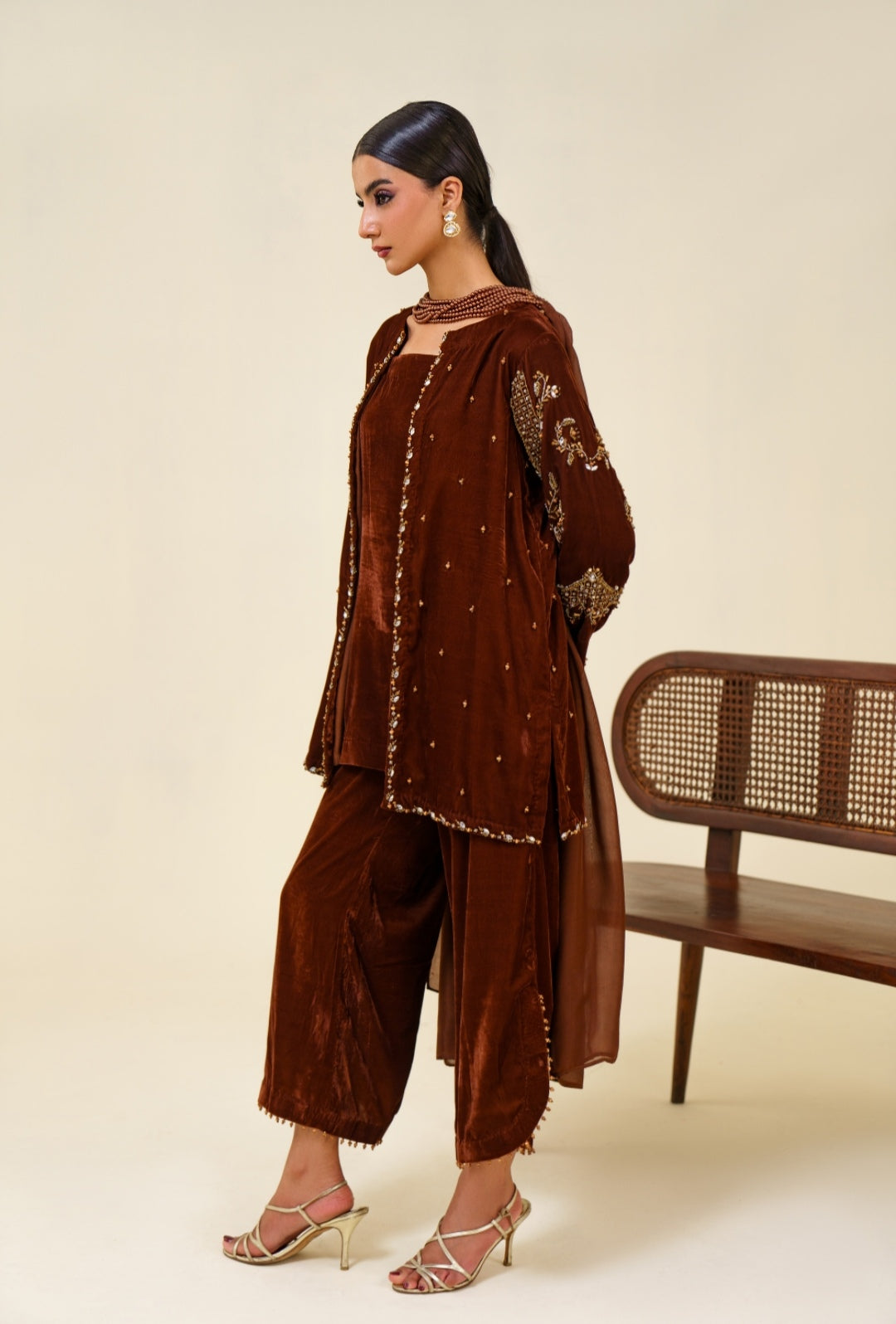 3-Piece Brown Velvet Embroidered