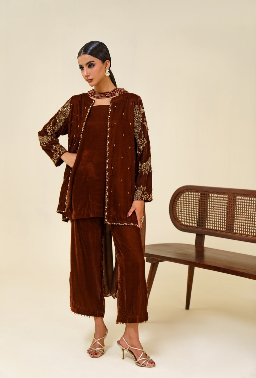 3-Piece Brown Velvet Embroidered