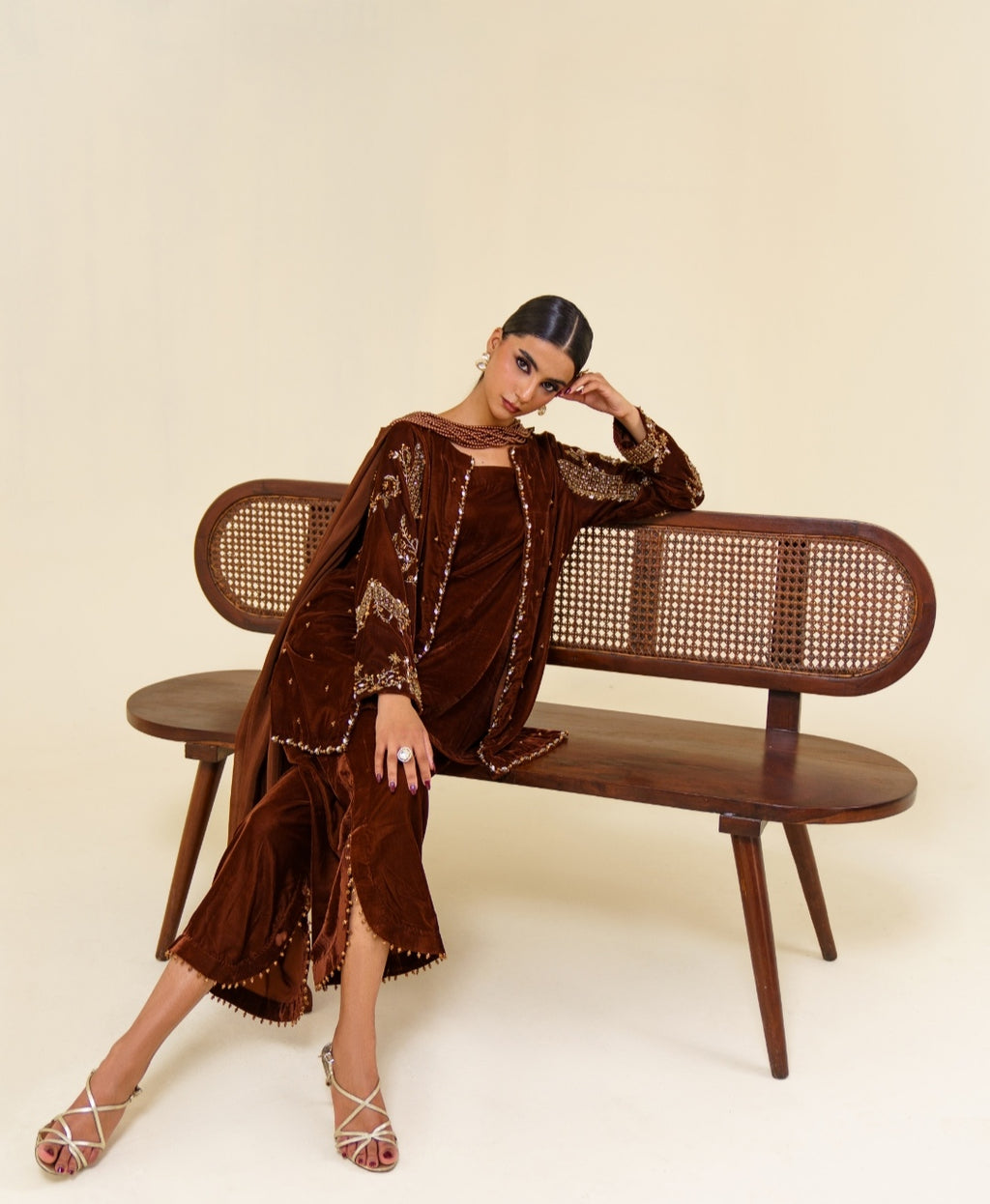 3-Piece Brown Velvet Embroidered