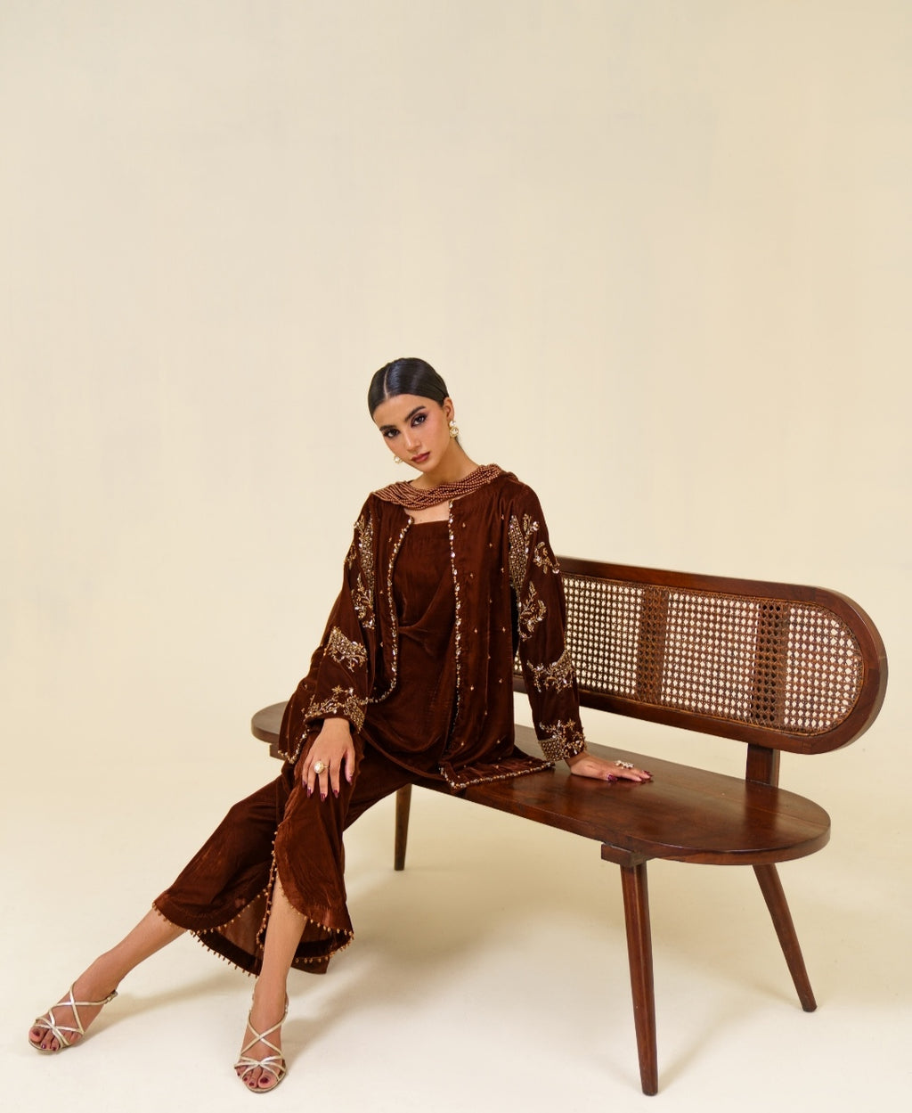 3-Piece Brown Velvet Embroidered