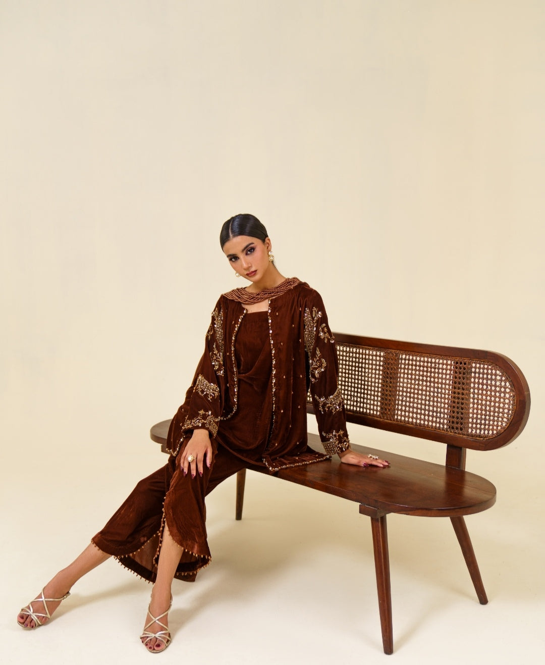 3-Piece Brown Velvet Embroidered