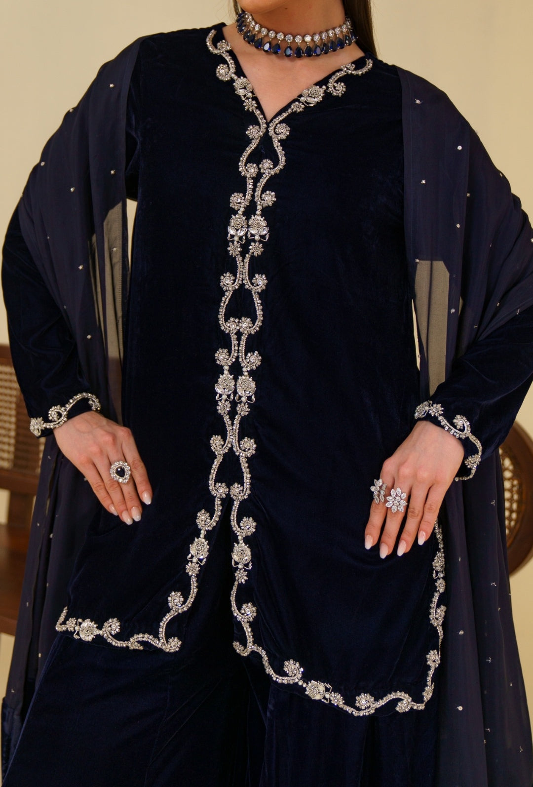 3-Piece Navy Blue Velvet Embroidered