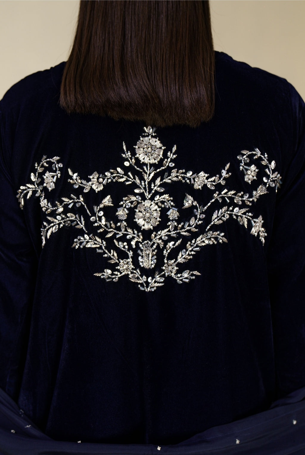3-Piece Navy Blue Velvet Embroidered