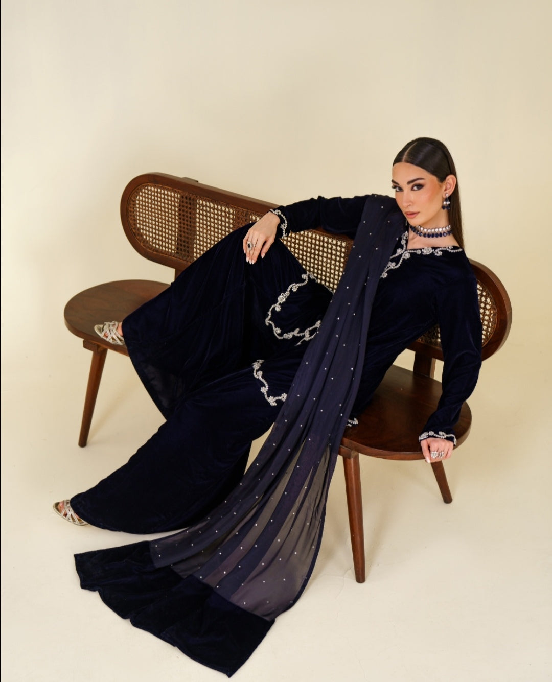 3-Piece Navy Blue Velvet Embroidered