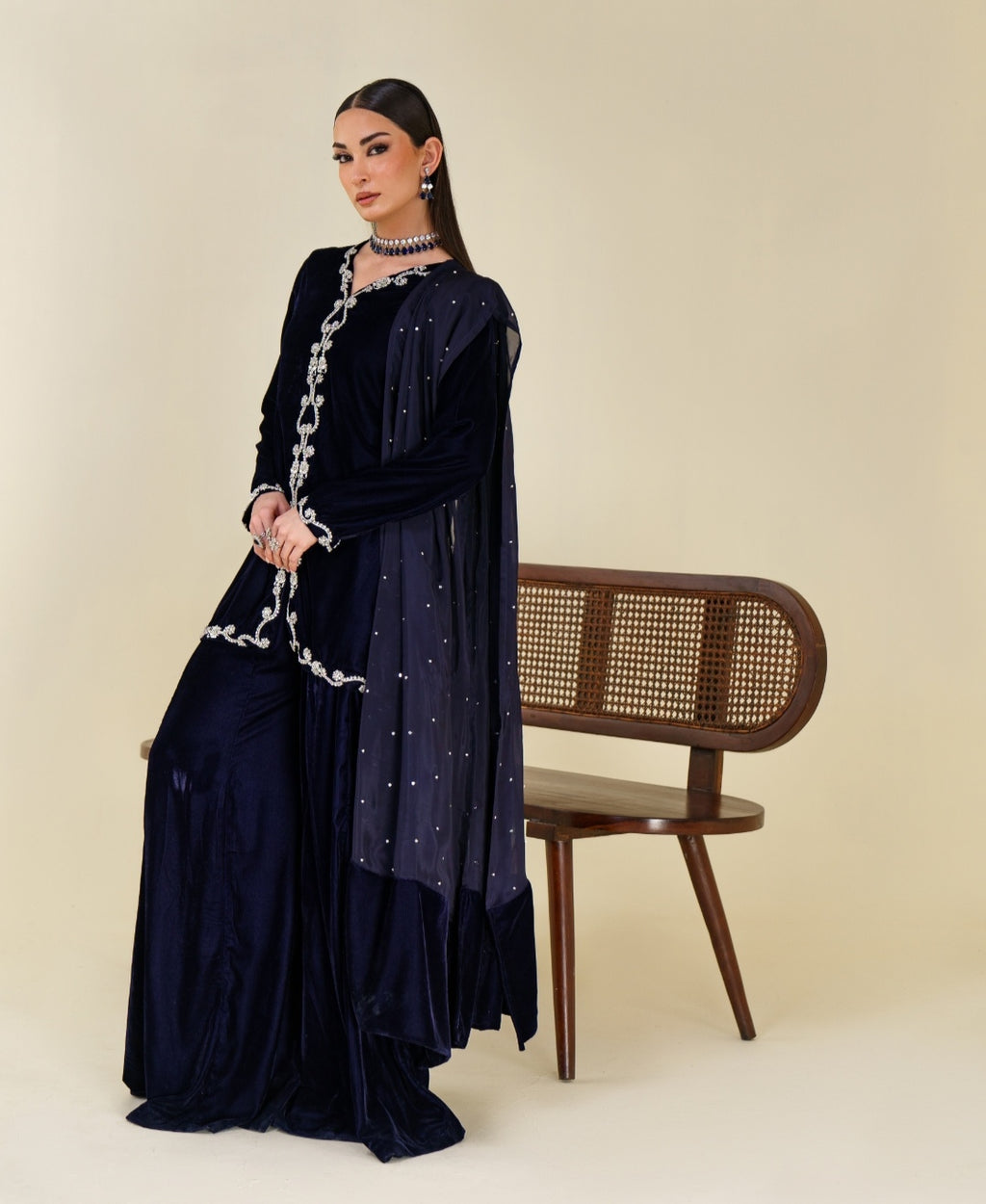 3-Piece Navy Blue Velvet Embroidered