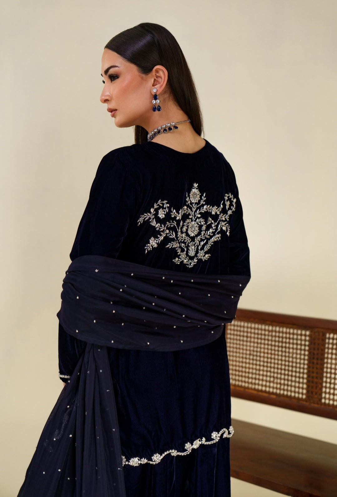 3-Piece Navy Blue Velvet Embroidered