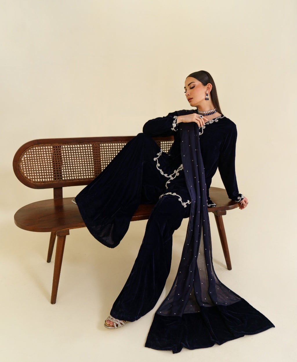 3-Piece Navy Blue Velvet Embroidered