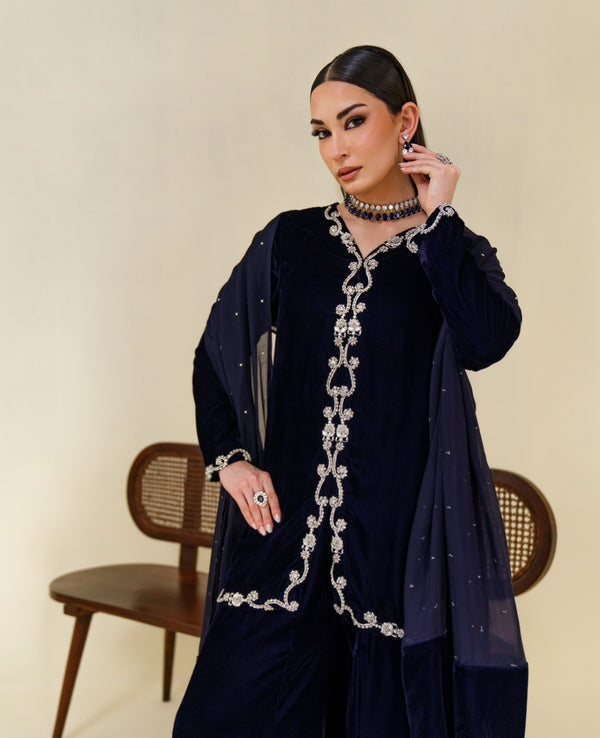 3-Piece Navy Blue Velvet Embroidered