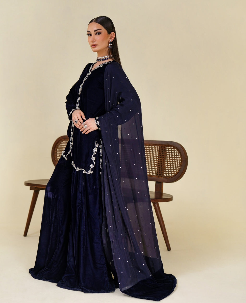 3-Piece Navy Blue Velvet Embroidered