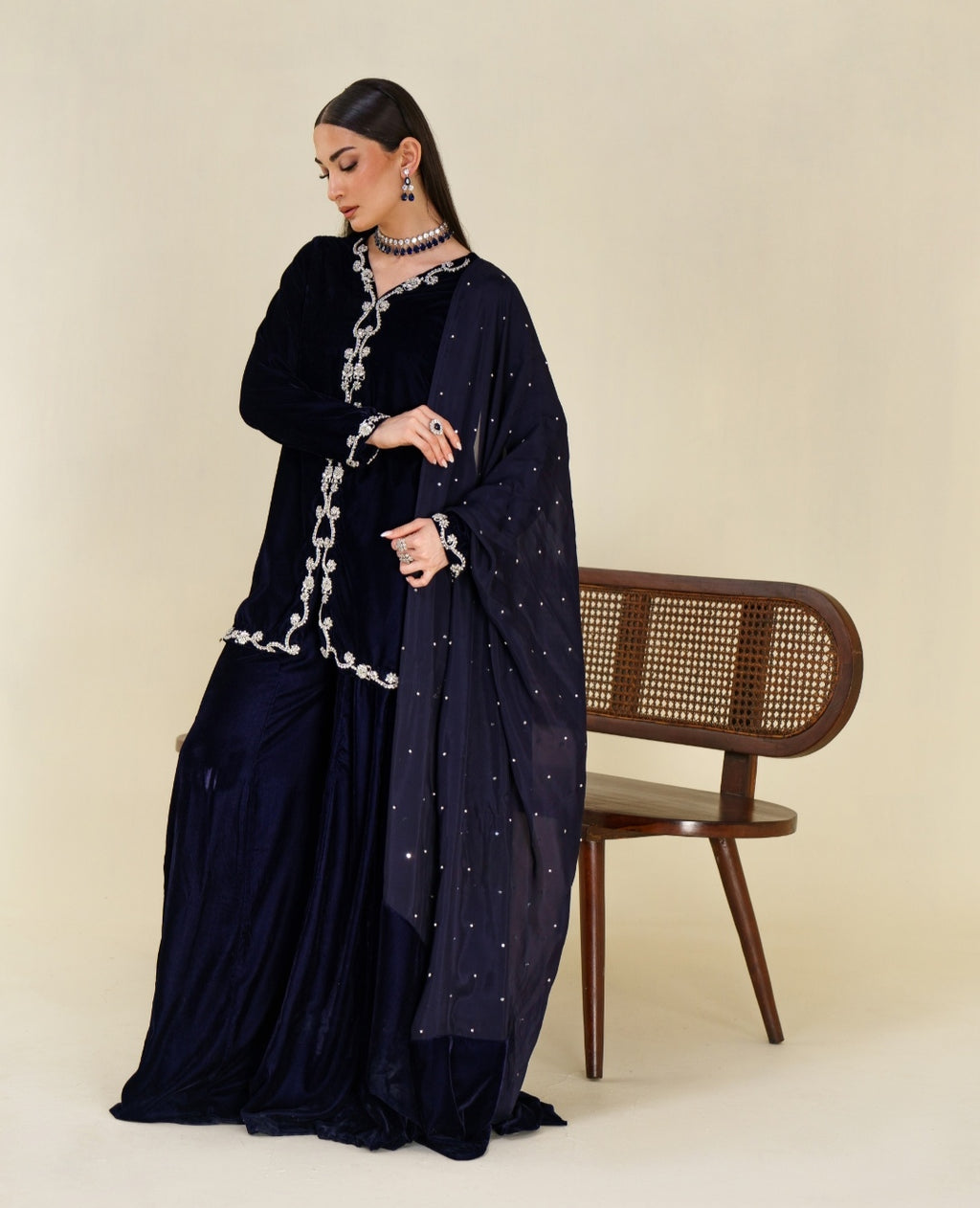 3-Piece Navy Blue Velvet Embroidered