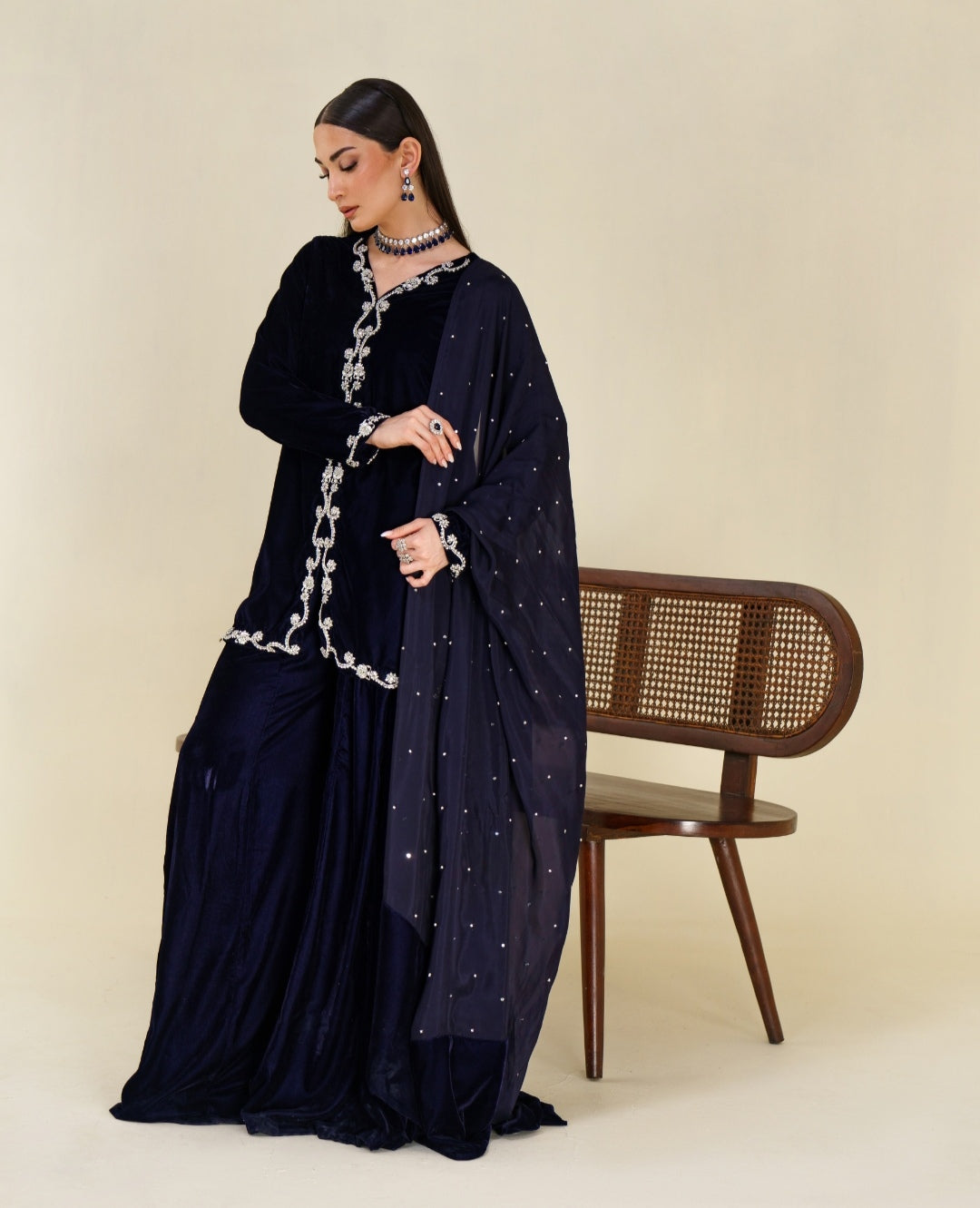 3-Piece Navy Blue Velvet Embroidered