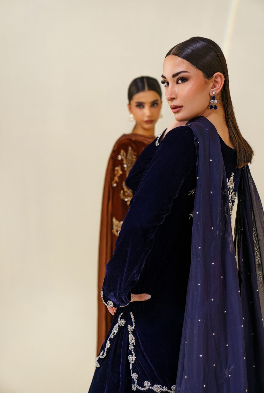 3-Piece Navy Blue Velvet Embroidered