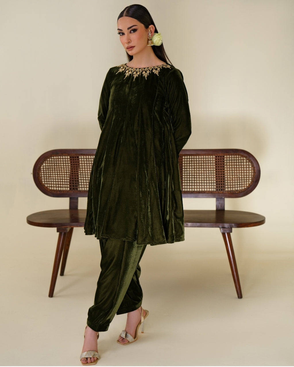 3-Piece Olive Green Velvet Embroidered