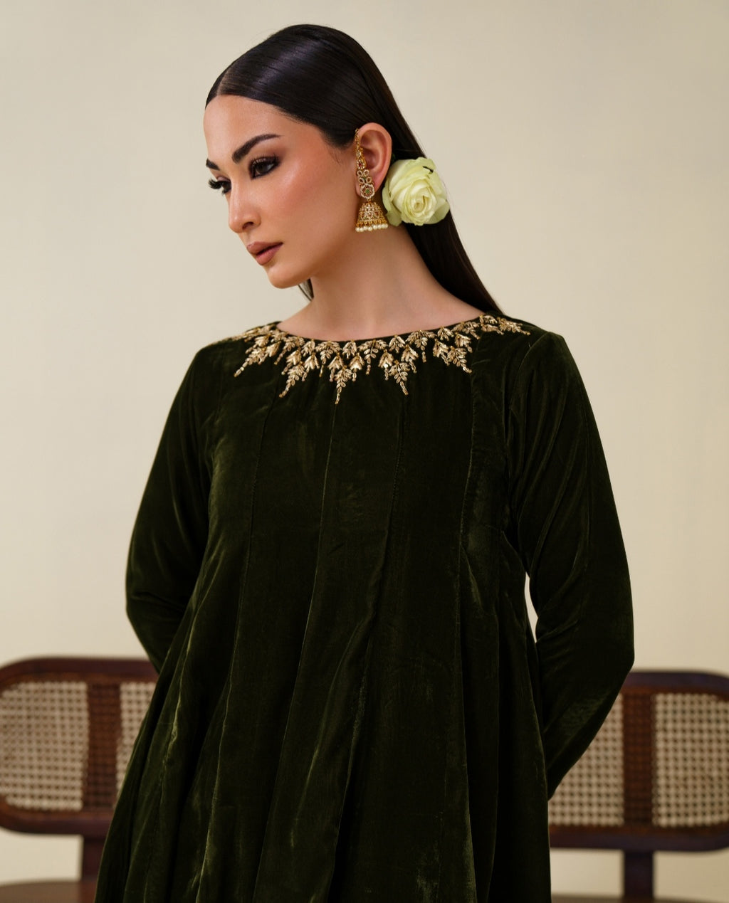 3-Piece Olive Green Velvet Embroidered