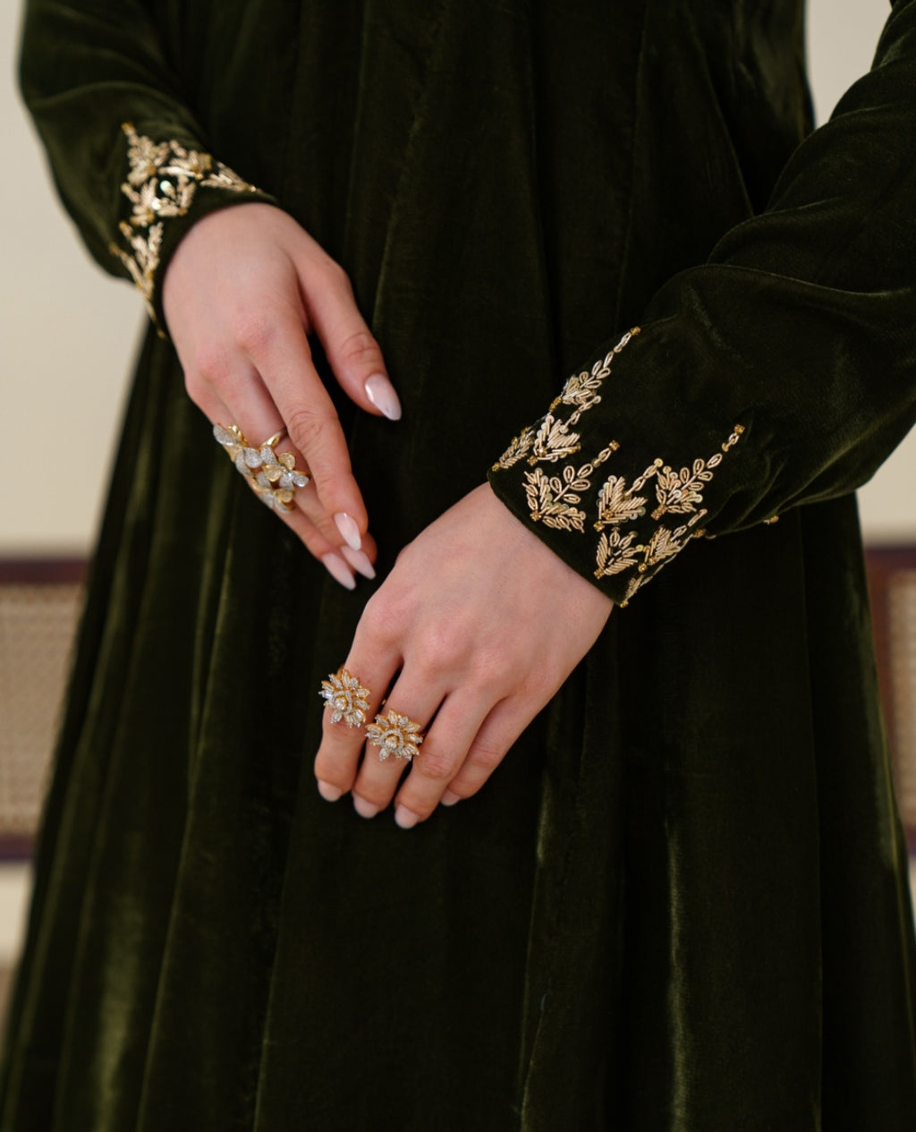 3-Piece Olive Green Velvet Embroidered
