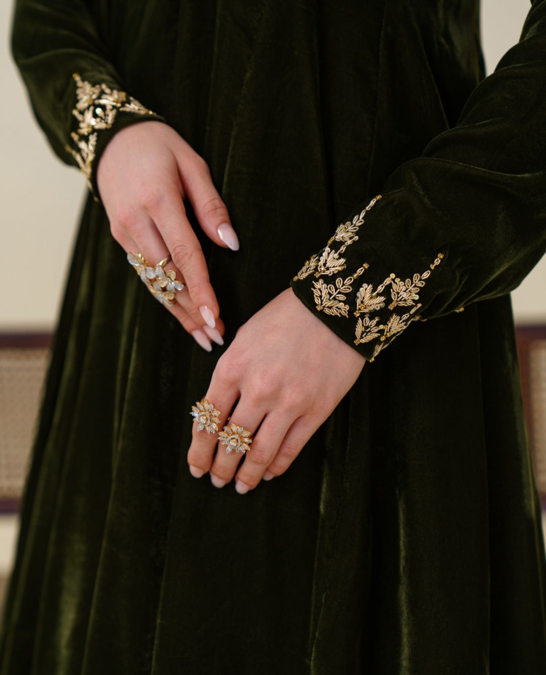3-Piece Olive Green Velvet Embroidered