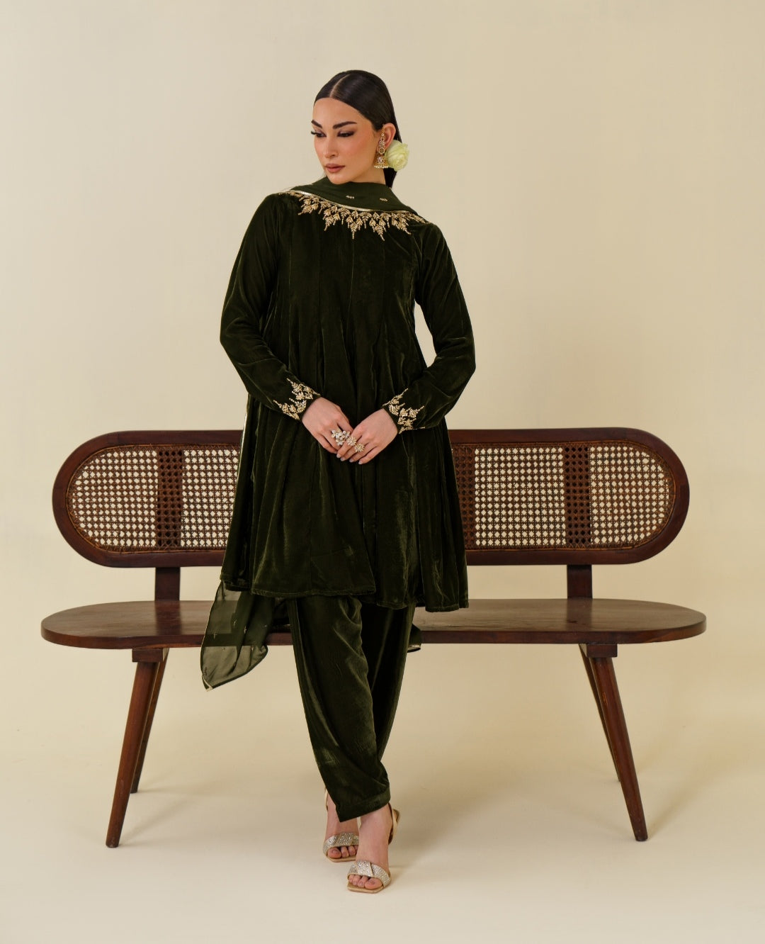 3-Piece Olive Green Velvet Embroidered