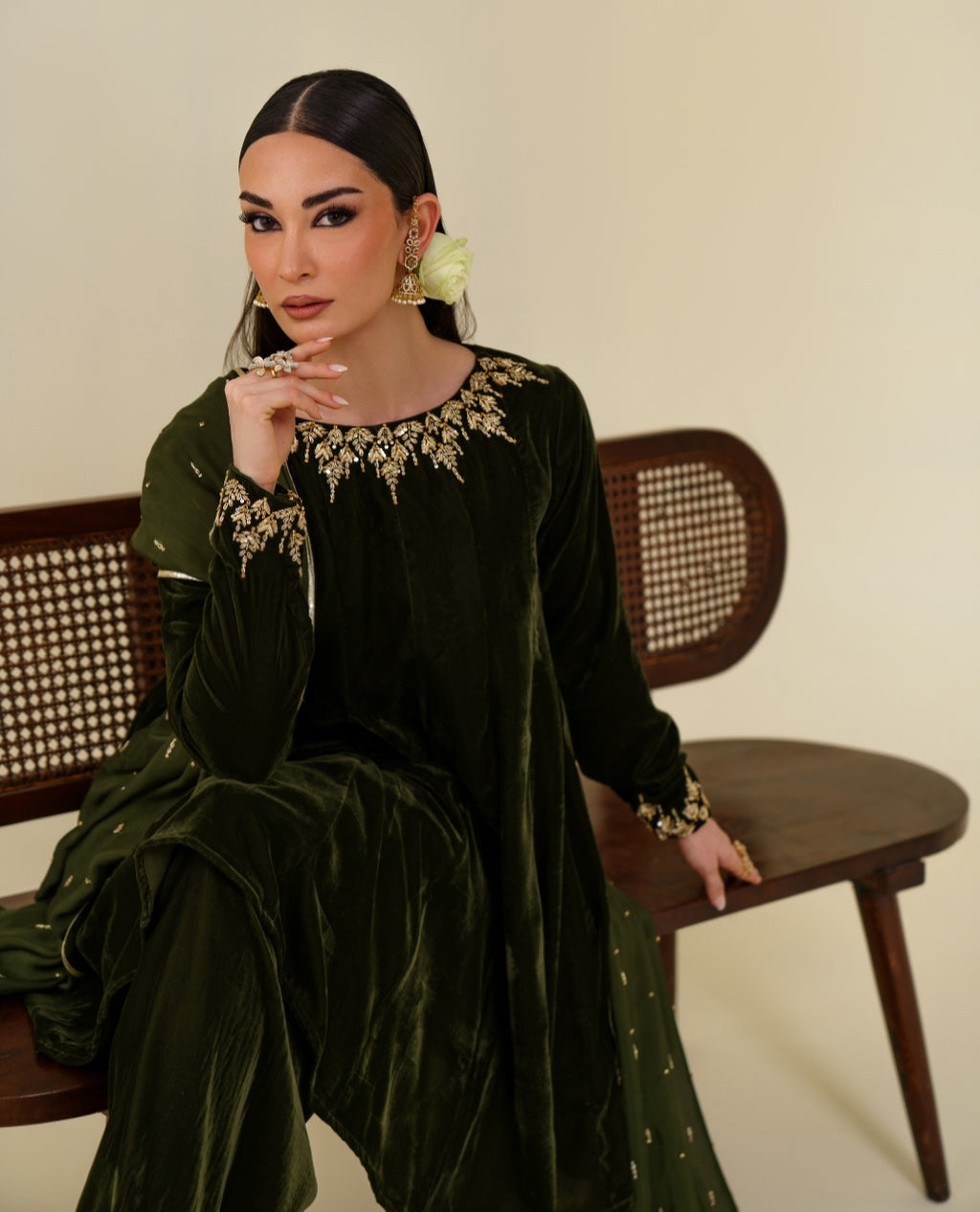 3-Piece Olive Green Velvet Embroidered