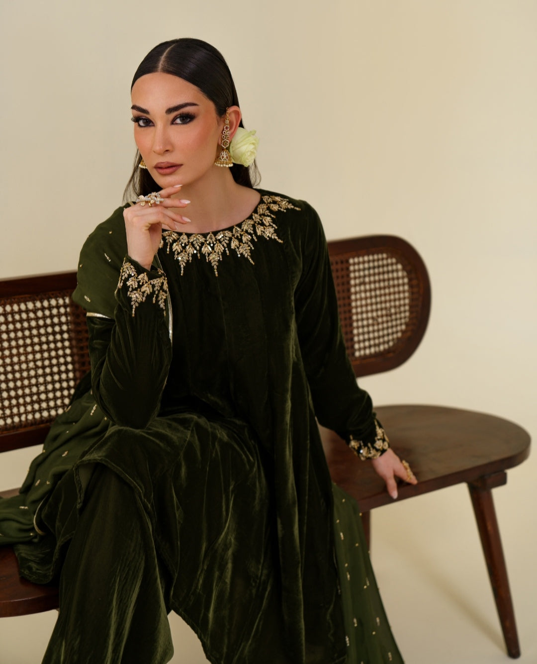 3-Piece Olive Green Velvet Embroidered