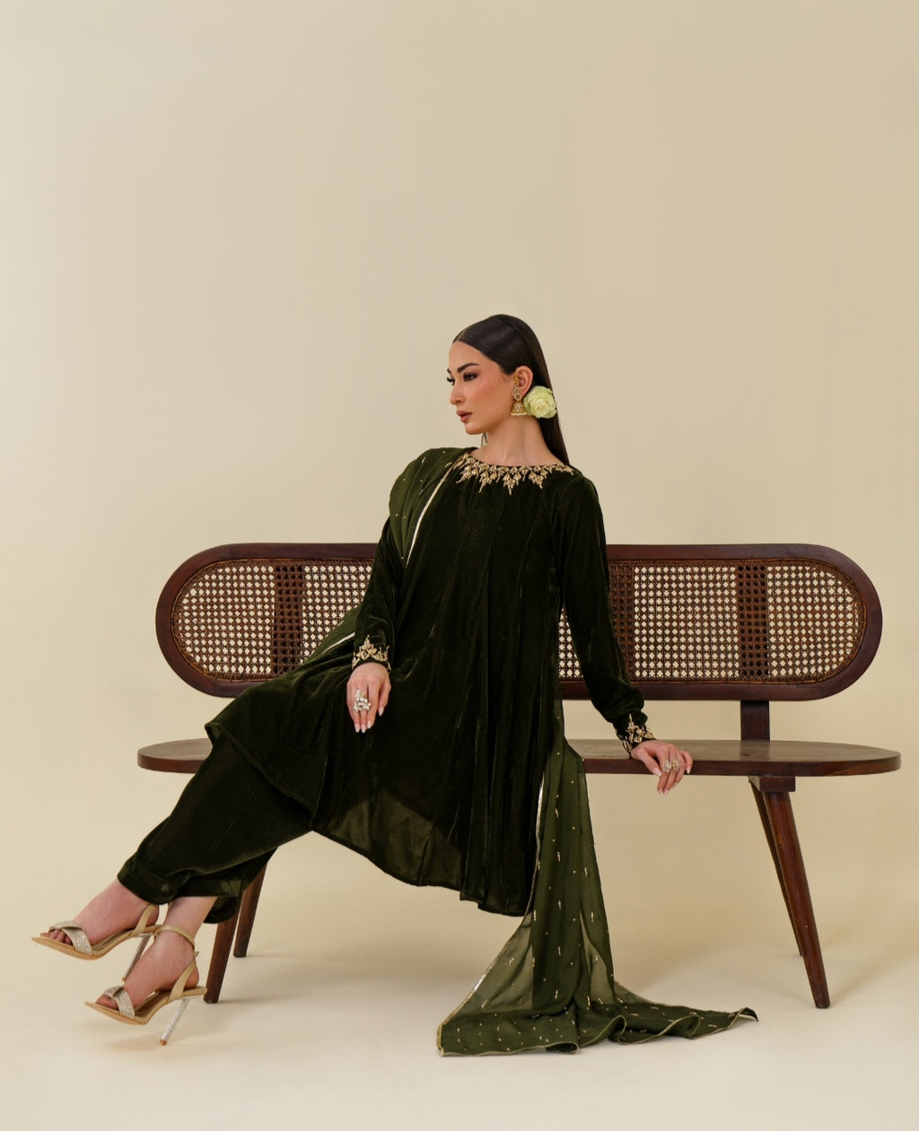 3-Piece Olive Green Velvet Embroidered