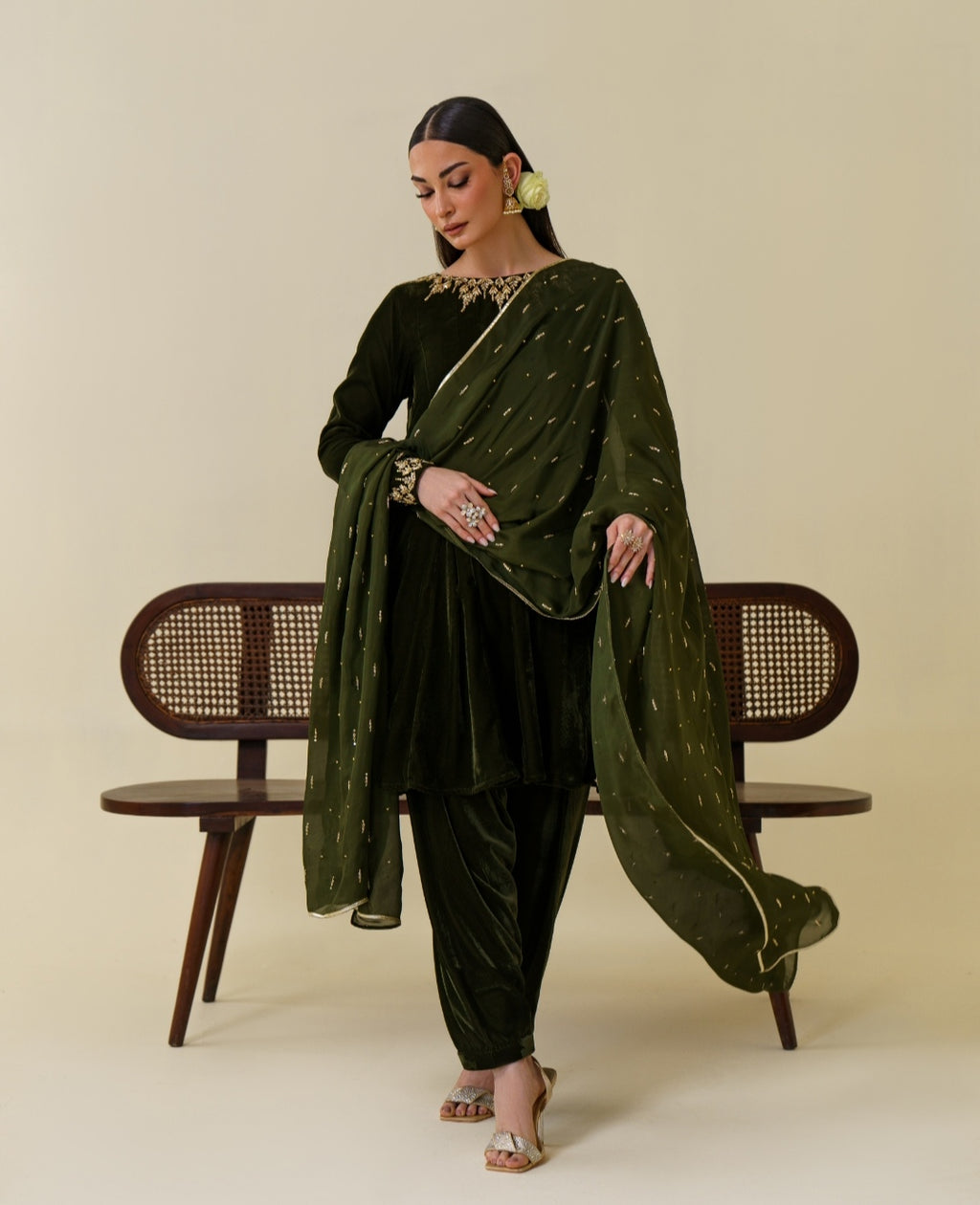 3-Piece Olive Green Velvet Embroidered