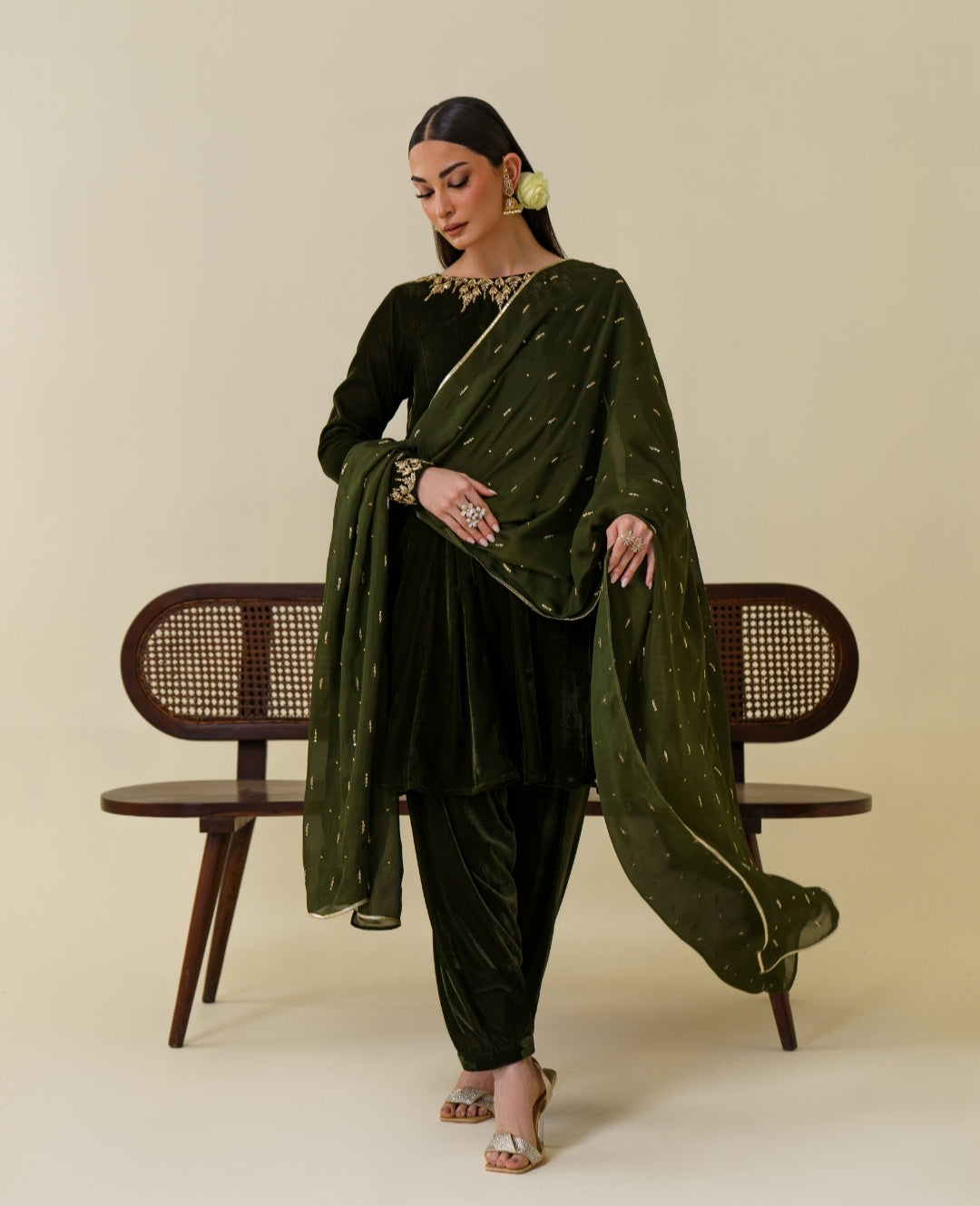 3-Piece Olive Green Velvet Embroidered