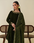 3-Piece Olive Green Velvet Embroidered