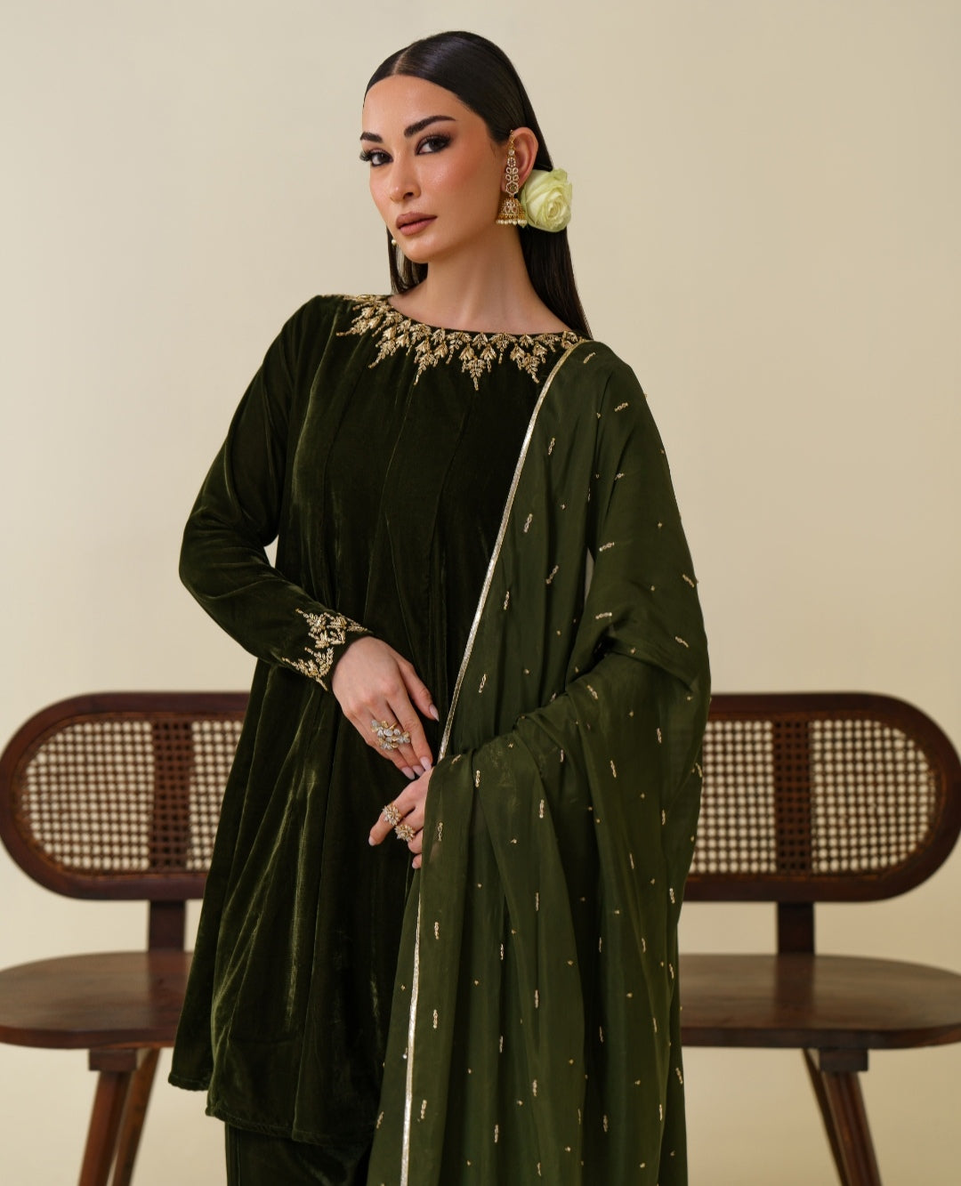 3-Piece Olive Green Velvet Embroidered