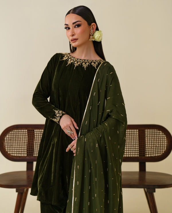 3-Piece Olive Green Velvet Embroidered